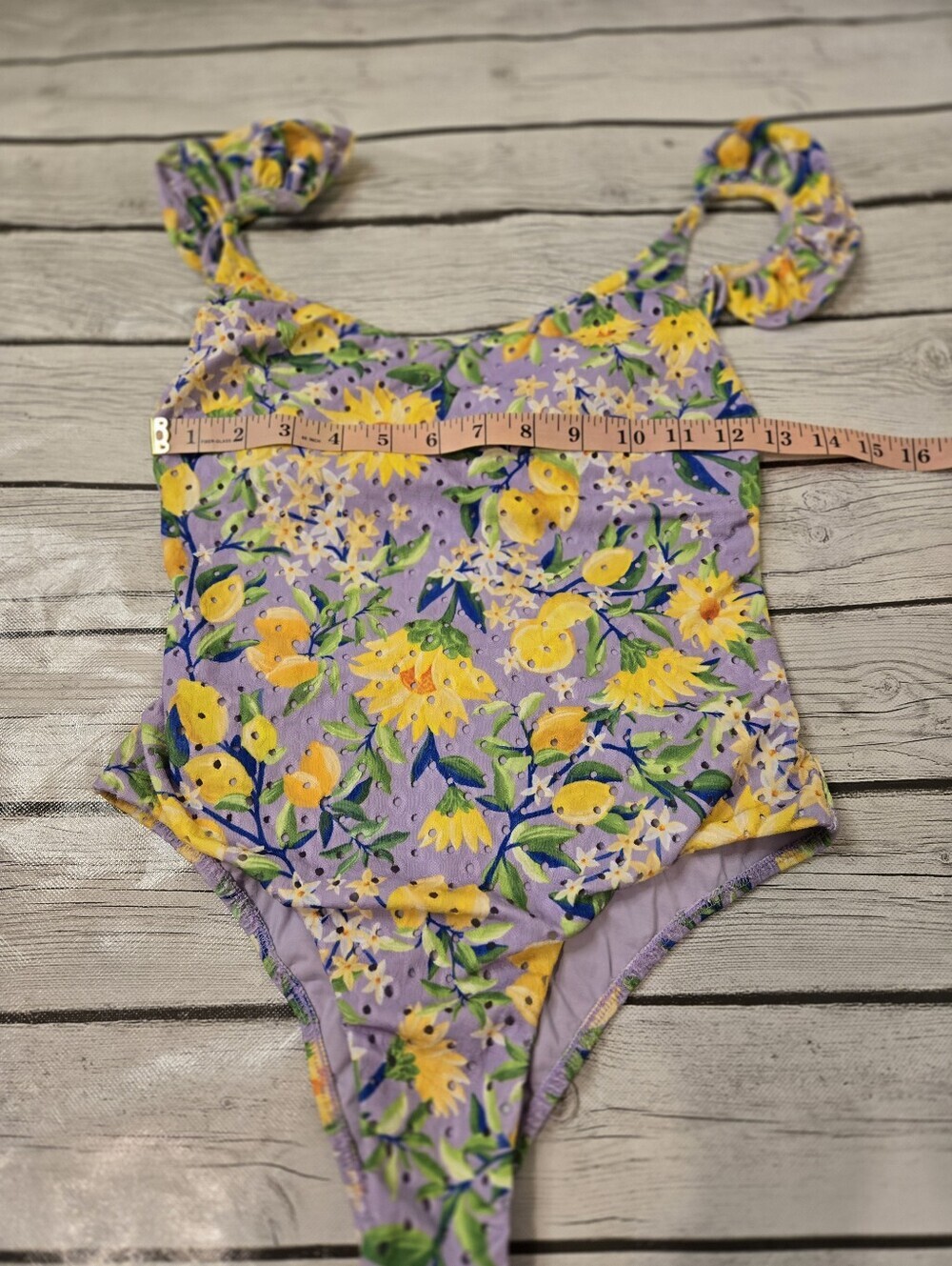 Farm Rio Praia One Piece Swimsuit US M Lavender Floral Lemon Ruffle Straps - Picture 5 of 11